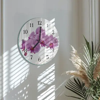 Hodiny na skle kulaté Orchidej