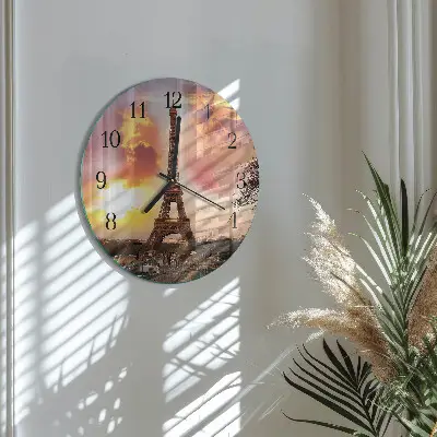Nástěnné hodiny skleněné kulaté Eiffelova věž v Paříži