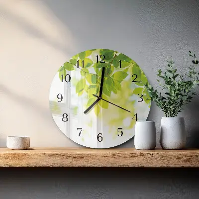 Kulaté skleněné hodiny na zeď Listy