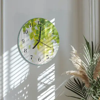 Kulaté skleněné hodiny na zeď Listy
