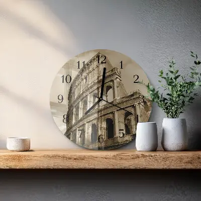 Nástěnné hodiny skleněné kulaté Koloseum v sépiovém odstínu