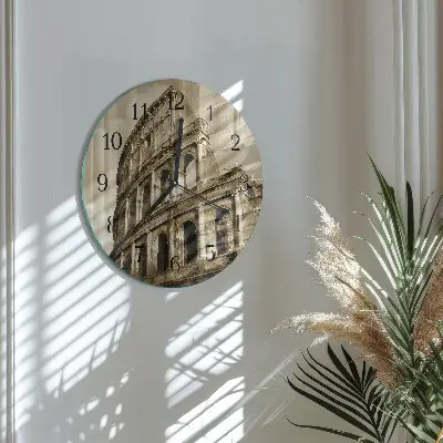 Nástěnné hodiny skleněné kulaté Koloseum v sépiovém odstínu