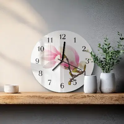 Kulaté skleněné hodiny na stěnu Květ magnólie