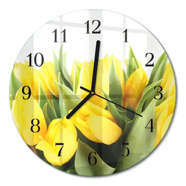 Kulaté skleněné hodiny na zeď Tulipány