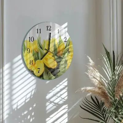 Kulaté skleněné hodiny na zeď Tulipány