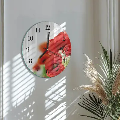 Kulaté skleněné hodiny na stěnu Vlčí máky