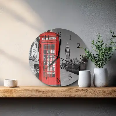 Hodiny s fotkou skleněné kulaté Červená telefonní budka