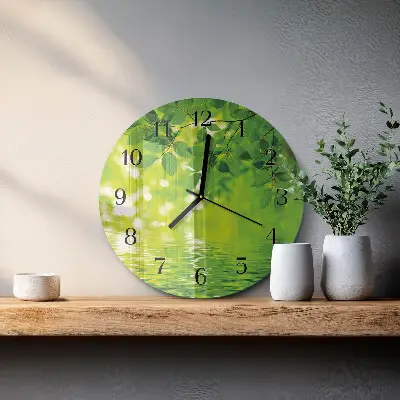 Kulaté skleněné hodiny na zeď Listy