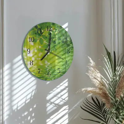 Kulaté skleněné hodiny na zeď Listy