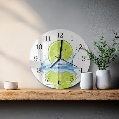 Kulaté skleněné hodiny na stěnu Voda s limetkou