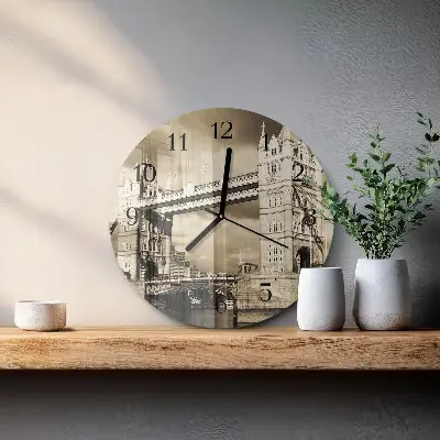 Hodiny na skle kulaté Londýnský most v sépiové barvě