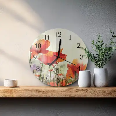 Kulaté skleněné hodiny na stěnu Vlčí máky