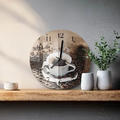 Kulaté skleněné hodiny na zeď Šálek kávy