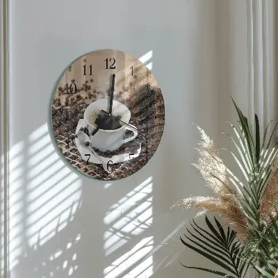 Kulaté skleněné hodiny na zeď Šálek kávy