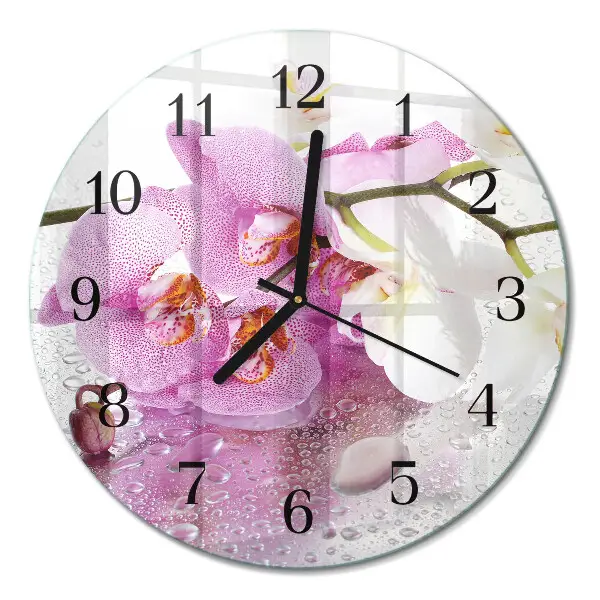 Hodiny s fotkou skleněné kulaté Orchidej