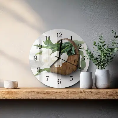 Kulaté skleněné hodiny na stěnu Košík tulipánů