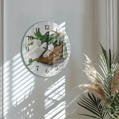 Kulaté skleněné hodiny na stěnu Košík tulipánů
