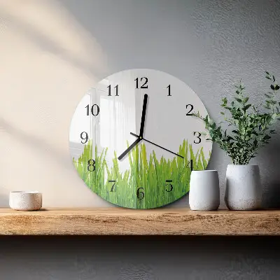 Hodiny s fotkou skleněné kulaté Tráva