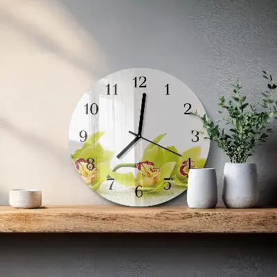 Kulaté skleněné hodiny na zeď Orchidej