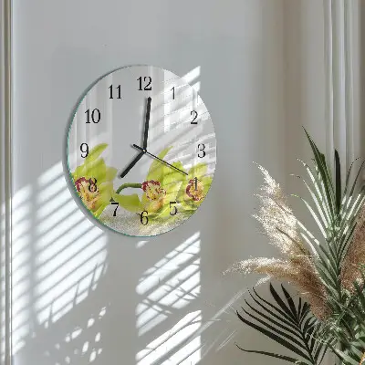 Kulaté skleněné hodiny na zeď Orchidej