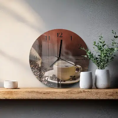 Kulaté skleněné hodiny na zeď Káva