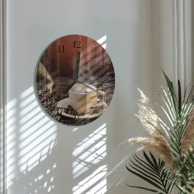 Kulaté skleněné hodiny na zeď Káva