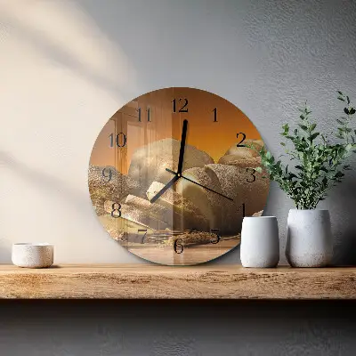Kulaté skleněné hodiny na zeď Chléb