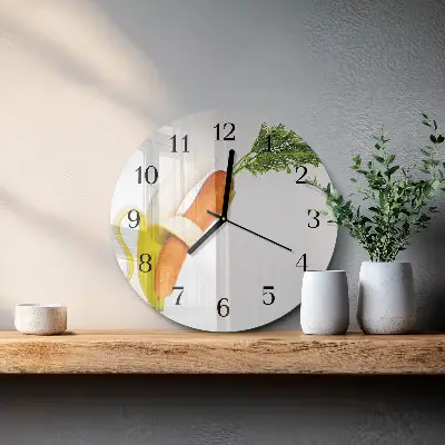 Kulaté skleněné hodiny na stěnu Mrkev a banány