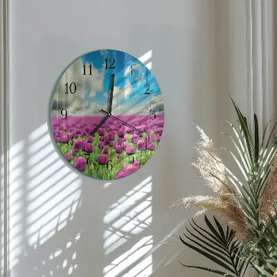 Hodiny na skle kulaté Tulipány