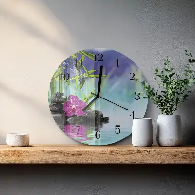 Nástěnné hodiny skleněné kulaté Lázně s orchidejími