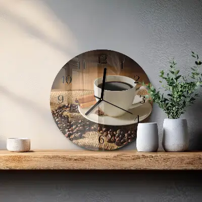 Kulaté skleněné hodiny na zeď Káva