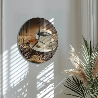 Kulaté skleněné hodiny na zeď Káva