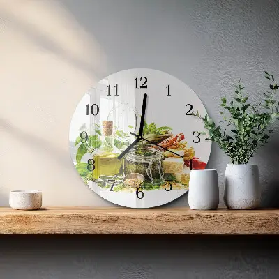 Nástěnné hodiny skleněné kulaté Těstoviny s olivovým olejem