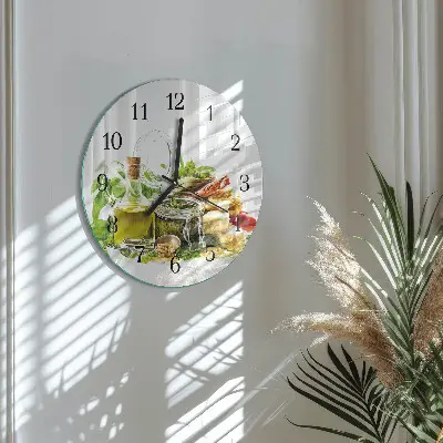 Nástěnné hodiny skleněné kulaté Těstoviny s olivovým olejem