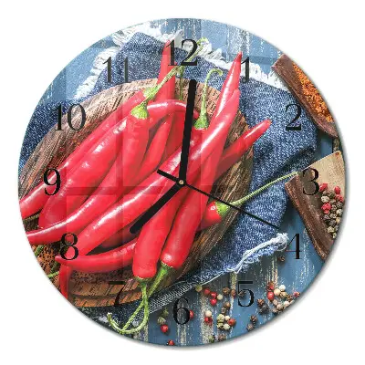 Kulaté skleněné hodiny na stěnu Chilli paprička