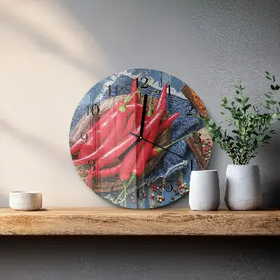 Kulaté skleněné hodiny na stěnu Chilli paprička
