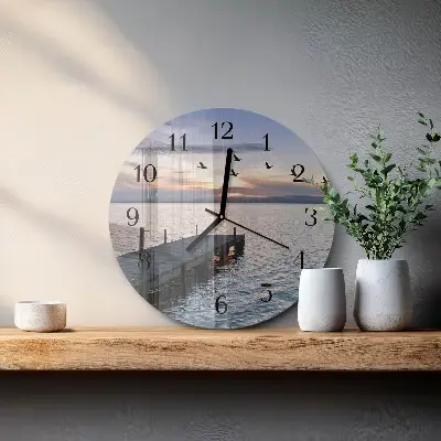 Kulaté skleněné hodiny na zeď Ptáci u jezera