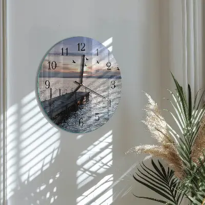 Kulaté skleněné hodiny na zeď Ptáci u jezera