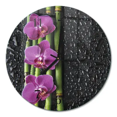 Kulaté skleněné hodiny na zeď Orchidej