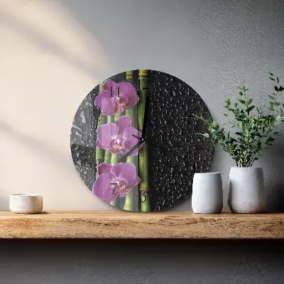 Kulaté skleněné hodiny na zeď Orchidej