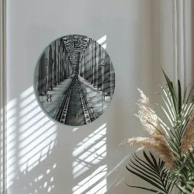Nástěnné hodiny skleněné kulaté Železniční koleje