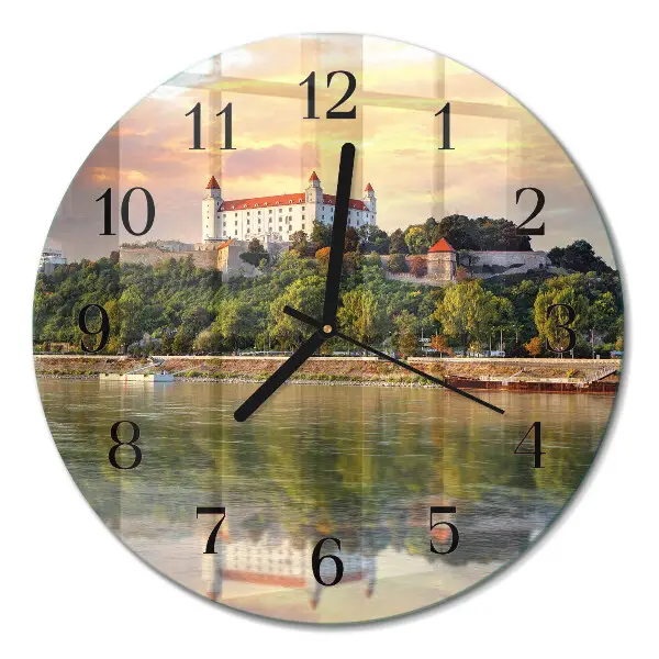 Kulaté skleněné hodiny na stěnu Hrad na řece