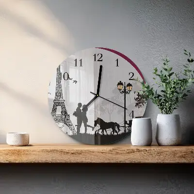 Nástěnné hodiny skleněné kulaté Láska k Paříži