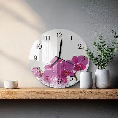 Hodiny na skle kulaté Orchidej