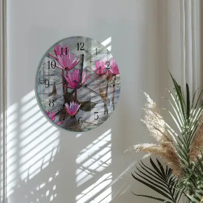 Hodiny na skle kulaté Lekníny