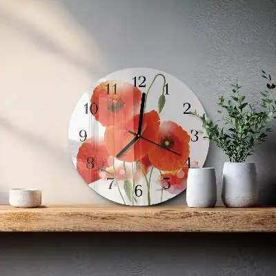 Kulaté skleněné hodiny na stěnu Vlčí máky