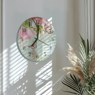 Kulaté skleněné hodiny na zeď Motýli