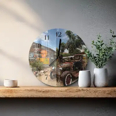 Hodiny s fotkou skleněné kulaté Staré auto