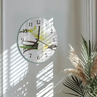 Nástěnné hodiny skleněné kulaté Vanilková orchidej