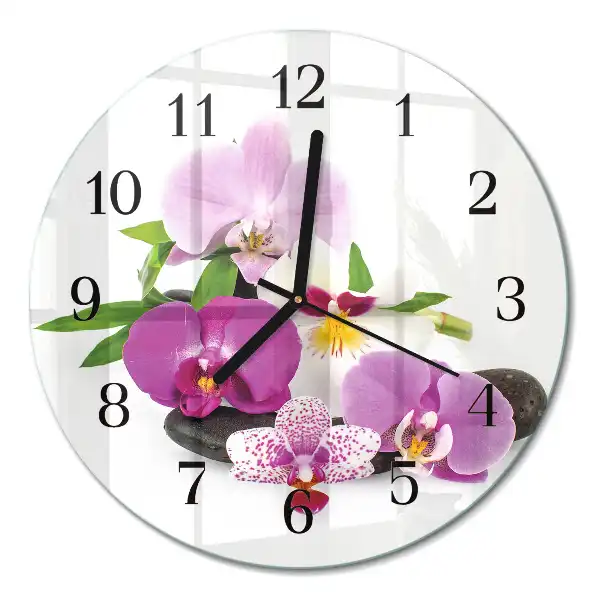 Kulaté skleněné hodiny na stěnu Orchidej